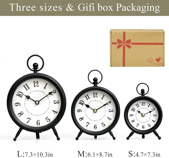 MACVAD Vintage Black Table Clock on Stand, Decorative Desk and Shelf Clock, Rustic Mantel Clock Farmhouse Clock Non-Ticking
