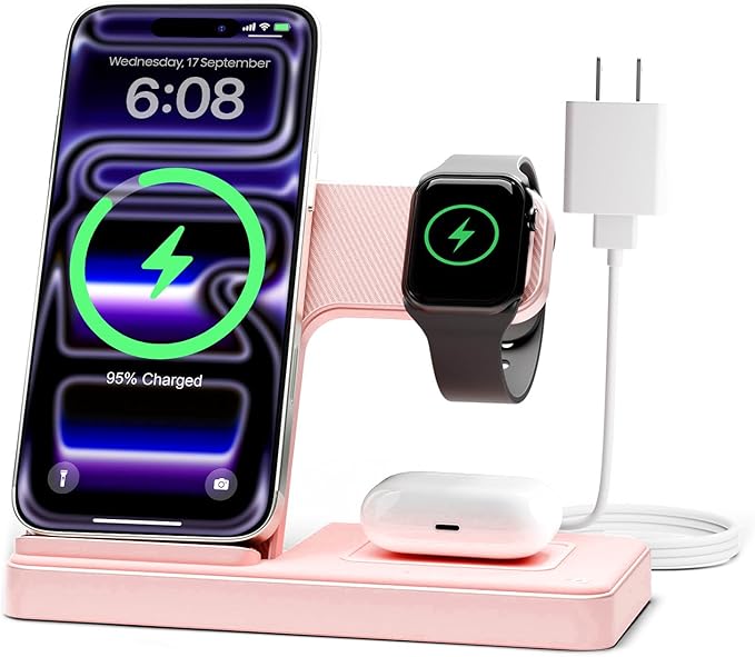 Wireless Charger Stand Charging Station: 3 in 1 Charger Stand Multiple Devices for Apple - iPhone 17 16e 16 15 14 Pro Max 13 12 - Watch 11 10 9 8 7 6 5 4 3 2 SE and Ultra Series-Airpods 4 3 Pro, Pink