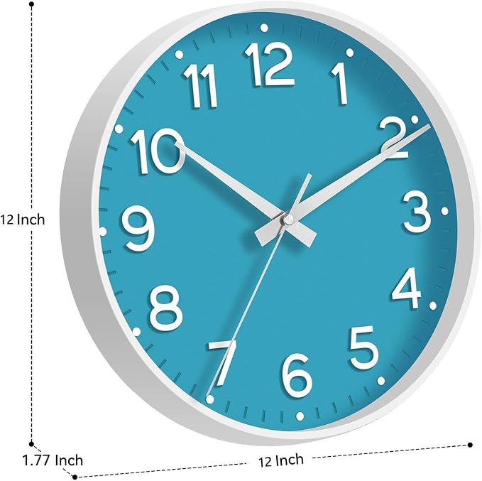 Roymnie Wall Clock 12 Inch Silent Wall Clocks Battery Operated-Modern Non Ticking Analog Clock Decorative for Kitchen Bedroom Office (Blue)