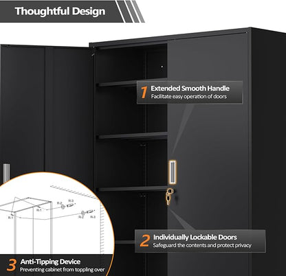 VINGLI Large Metal Storage Cabinet with 2 Doors and 5 Adjustable Shelves, Upgraded Height & Wide & Deep, 43''W x 20''D x 72''H, Oversized Garage Storage Cabinet with Wheels and Locks (Black)