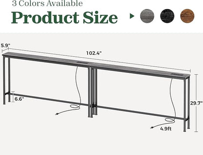 SUPERJARE 102.4 Inch Sofa Table with Power Outlets and USB-C Ports, 5.9 Inch Narrow Console Tables, Entryway Hallway Couch Tables with Storage, Behind Sofa, Small Spaces, Living Room, Charcoal Gray
