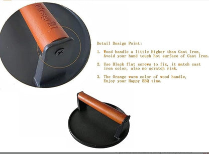 Firsgrill Burger Press 7.08" Round & 8.3”X4.3”Rectangle Heavy-Duty Cast Iron Smash Meat Steak with Wood Handle for Blackstone Camp Chef Pitboss Weber Treager Griddle (Round & Rectangle w Flat Bottom)