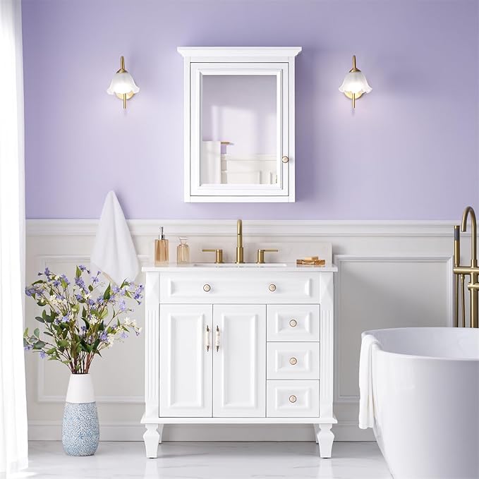 WELLFOR 24 x 30-in Bathroom Cabinet with Double-Side Mirrors, Wall Mounted Wood Mirror Storage Cabinet with 1 Soft-Close Door/2 Solid Wood Shelves, Anti-Fog Glass, Single Left Opening, White
