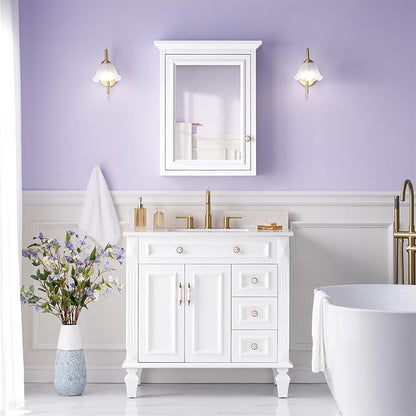 WELLFOR 24 x 30-in Bathroom Cabinet with Double-Side Mirrors, Wall Mounted Wood Mirror Storage Cabinet with 1 Soft-Close Door/2 Solid Wood Shelves, Anti-Fog Glass, Single Left Opening, White