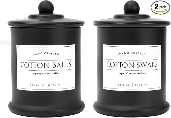 Volisnova 2 Pack Farmhouse Apothecary Jars with Lids - Glass Qtip Dispensers and Cotton Ball Holders for Bathroom Vanity Storage and Organization with 8 Pcs Wterproof Labels (Black Glass)