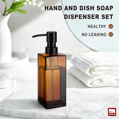 GMISUN Amber Glass Soap Dispenser, Hand Soap Dispenser with Stainless Steel Pump for Bathroom, 12 fl oz/350ml Refillable Dish Dispensers for Kitchen, Modern Liquid Lotion Bottles for Countertop