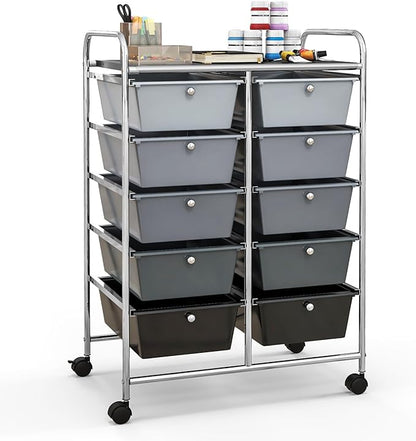 Giantex 10 Drawers Rolling Cart, Classroom Organizers, Storage Cart with Wheels, for Teacher Office Home School Supplies Tool Craft Art Paper, Black Gradient