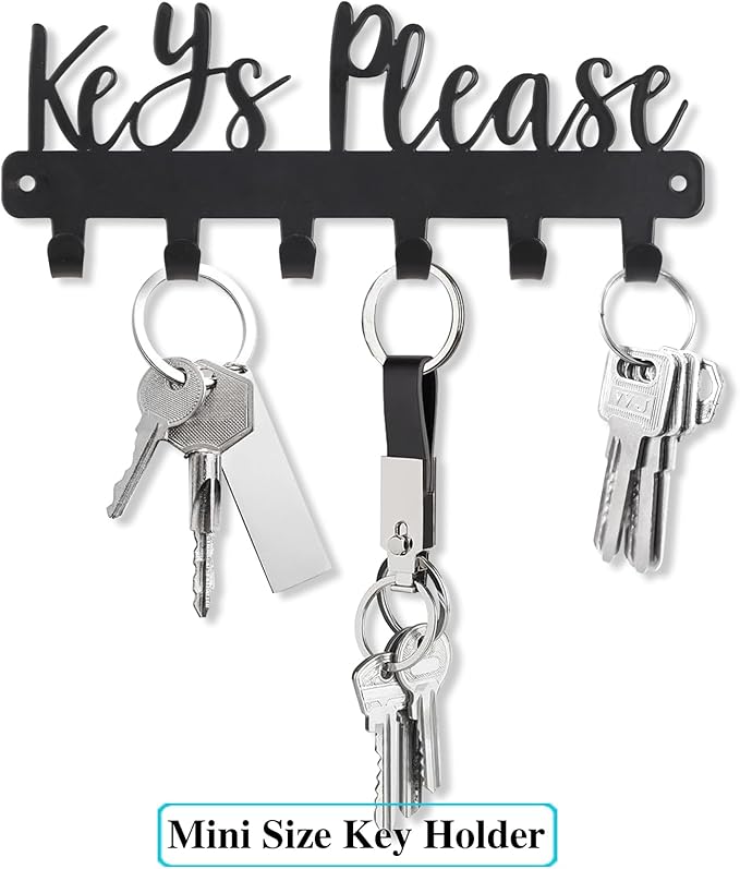 Mini Keys Please Holder on Wall,Small Key Holder Wall Mounted,Black Metal Decorative Key Rack Hooks for Garage,Mudroom,Hallway,Entryway,Front Door,Office(Mini Size:7.28 x 2.95 inch)