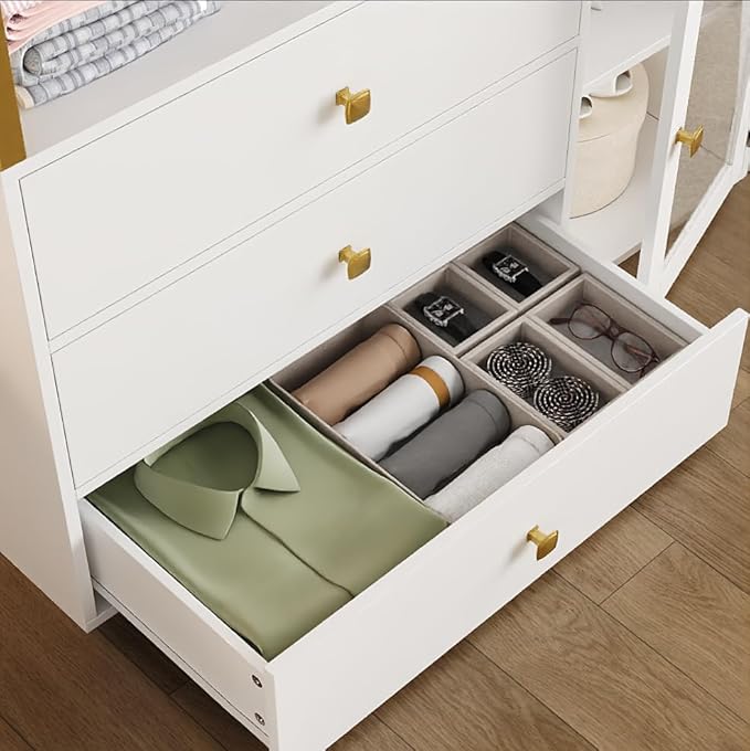 Closet System Organizer, 81.3” H Wardrobe Closet with 3 Wooden Drawers, Clothes Rack with Hanging Rods, 4 Tiers Shelves, Metal Frame, White and Gold