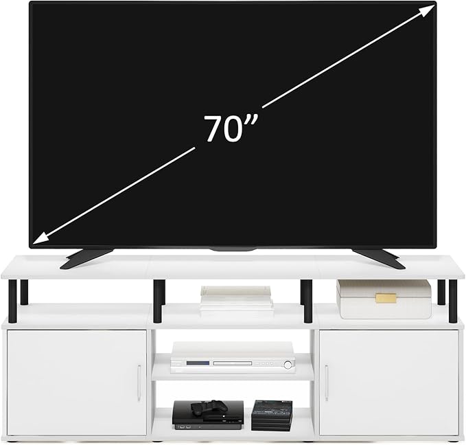 Furinno Jensen Entertainment Center Stand for TV up to 70 Inch, Plastic Pole, Solid White/Black