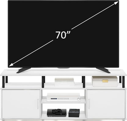 Furinno Jensen Entertainment Center Stand for TV up to 70 Inch, Plastic Pole, Solid White/Black