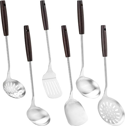 FJNATINH Cooking Utensils Set with Wood Handle, 6 PCS Wok Utensils Tools - Wok Accessories Cookware Set