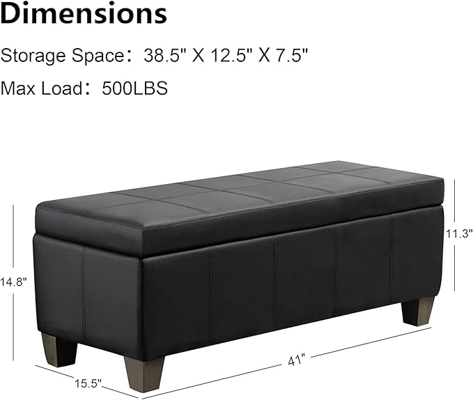 41" Storage Ottoman, Storage Bench with Safety Hinge, Upholstered Synthetic Leather Ottoman Bench for Bedroom, Living Room, Entryway, Hallway, Foot Rest, Support 500lbs, Black