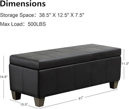 41" Storage Ottoman, Storage Bench with Safety Hinge, Upholstered Synthetic Leather Ottoman Bench for Bedroom, Living Room, Entryway, Hallway, Foot Rest, Support 500lbs, Black