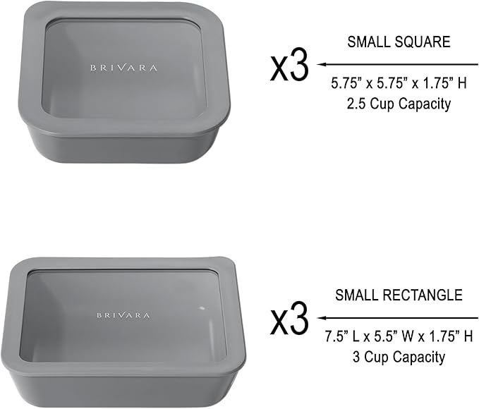 BRIVARA HOME Ceramic Coated Glass Food Storage Container | No PTFE, PFOA, PFAS, and BPA | Reusable Non Toxic Meal Prep Container with Glass Lid | Easy To Store | 6 Piece Food Prep [Smoke]