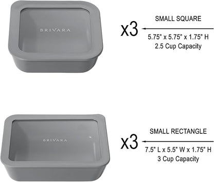 BRIVARA HOME Ceramic Coated Glass Food Storage Container | No PTFE, PFOA, PFAS, and BPA | Reusable Non Toxic Meal Prep Container with Glass Lid | Easy To Store | 6 Piece Food Prep [Smoke]