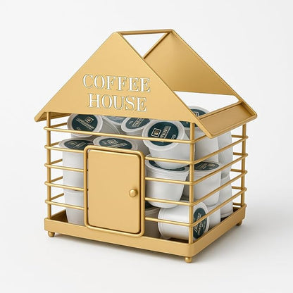 House-Shaped Coffee Pod Organizer – Countertop Coffee Station Holder for Keurig & Nespresso Pods – Modern Black or Gold Kitchen Organizer (Gold)