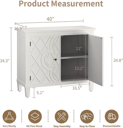 40" Coffee Bar Cabinet with Shelf, Craft Storage Cabinet with Doors, Wood Cabinet, Charming Carved Motif, Entry Way Cabinet with Storage, Sideboard Buffet for Living Room, Kitchen, Distressed White
