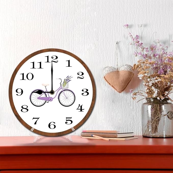 Purple Bicycle Wall Clock 10 Inch Wooden Battery Operated Autumn Forest Maple Leaves Wall Clocks Decorative Indoor,Decorative for Kitchen Bathroom Bedroom