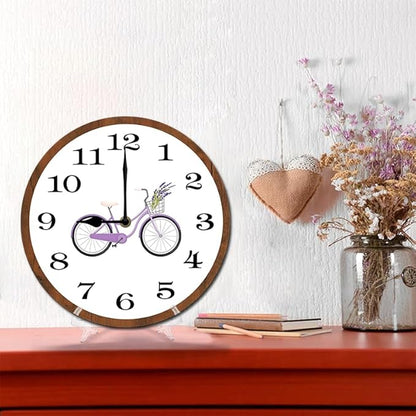Purple Bicycle Wall Clock 10 Inch Wooden Battery Operated Autumn Forest Maple Leaves Wall Clocks Decorative Indoor,Decorative for Kitchen Bathroom Bedroom