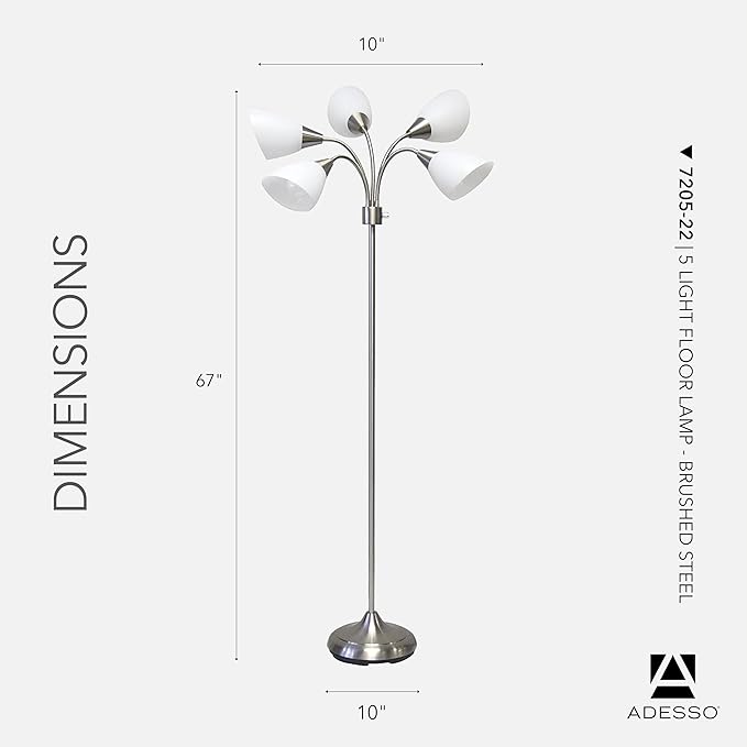 Adesso Floor Lamp with 5 Movable Shades & Adjustable Brightness – Perfect Lighting for Bedroom Decor, Beauty & Art Studio, Silver