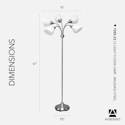 Adesso Floor Lamp with 5 Movable Shades & Adjustable Brightness – Perfect Lighting for Bedroom Decor, Beauty & Art Studio, Silver