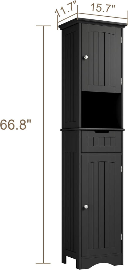 ChooChoo 67" Tall Bathroom Storage Cabinet, Narrow Bathroom Cabinet with 2 Doors and 1 Drawers, Freestanding Cupboard Floor Cabinet with Adjustable Shelves for Living Room, Kitchen, Black