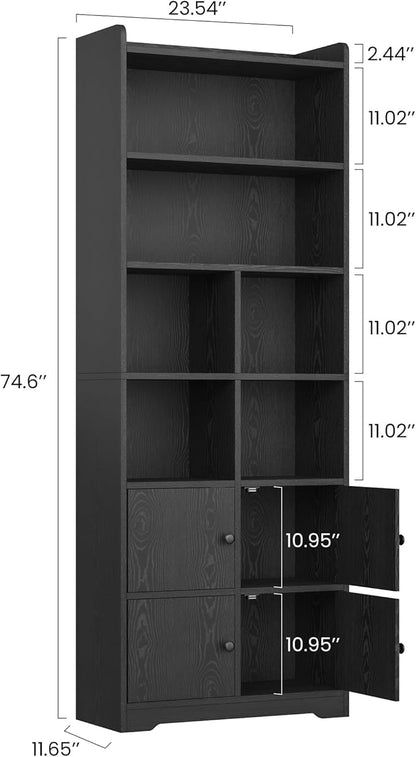 IRONCK Bookshelves and Bookcases with 4 Doors, 6-Tier Bookshelf with Storage Shelves 74.6 in Tall Bookcase for Home Office, Living Room, Bedroom, Black