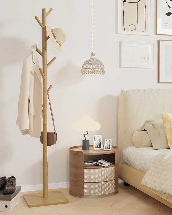 Yawinhe Coat Rack, Sturdy Wooden Coat Tree with 8 Hooks, 3 Adjustable Height for Bedroom, Hallway, Entrance, Office, 11.8 x 70.8 inches, Natural, 1-Pack, Square Base