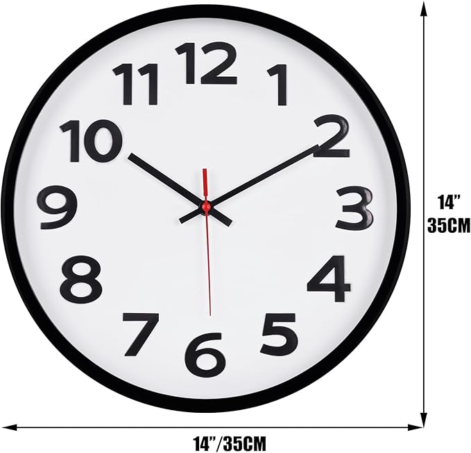 Keepcross 14 Inch Wall Clock Battery Operated Silent Non-Ticking, 3D Big Numbers Easy to Read, Analog Quartz Round Clock
