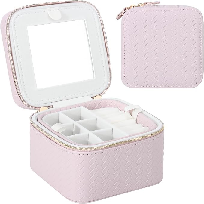 DesignSter Travel Jewelry Case for Woman, Small Travel Jewelry Box with Mirror,4.72×4.72×3.54 inches,Portable Design Travel Jewelry Organizer,Double Headed Zipper