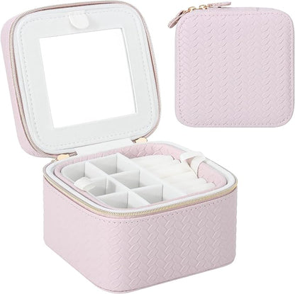 DesignSter Travel Jewelry Case for Woman, Small Travel Jewelry Box with Mirror,4.72×4.72×3.54 inches,Portable Design Travel Jewelry Organizer,Double Headed Zipper