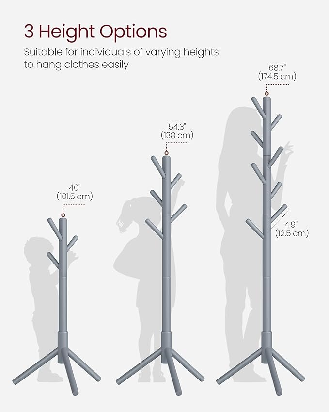 VASAGLE Solid Wood Coat Rack, Free Standing Tree-Shaped Coat Rack with 8 Hooks, 3 Height Options, for Clothes, Hats, Bags, Living Room, Bedroom, Home Office, Gray URCR04GY