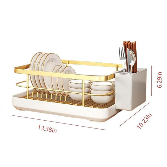 Dish Drying Rack for Kitchen Counter - Space-Saving Gold Dish Rack with Drip Tray & Cutlery Holder, Carbon Steel Removable Dish Drainer Rack
