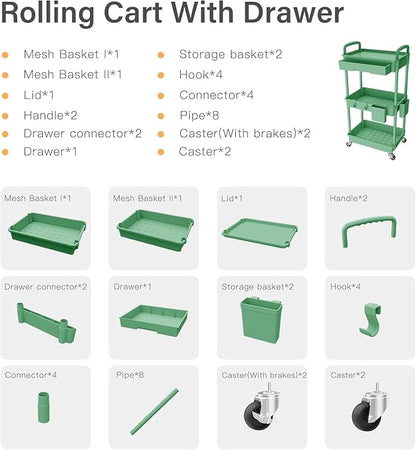 Sorgion 3 Tier Rolling Cart Organizer,Laundry Room Bathroom Organizers and Storage Office Shelves Mobile Shelving Unit Kitchen Trolley Cart with Wheels for Art,Craft,Diaper,Bedside,Snack(Green)