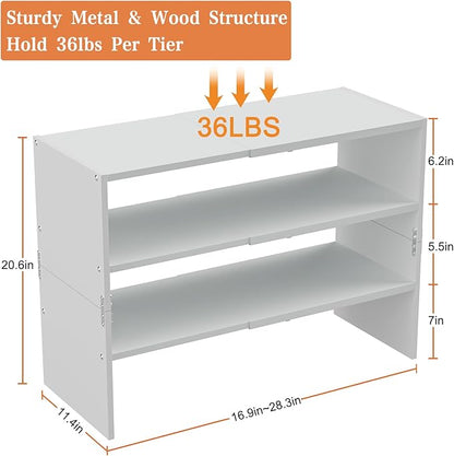 White Shoe Rack Organizer for Closet, 3-Tier Expandable Shoe Shelf, Stackable Iron Wood Combination Shoe Racks Shelves for Closets, Entryway,Small Space,Hallway,Garage,Holds 8-16 Pairs of Shoes