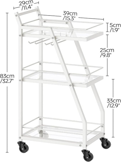 Bar Cart for The Home, Small Bar Cart on Wheels, Home Bar Serving Cart with Glass Holder, for Kitchen, Transparent and White BC03WT