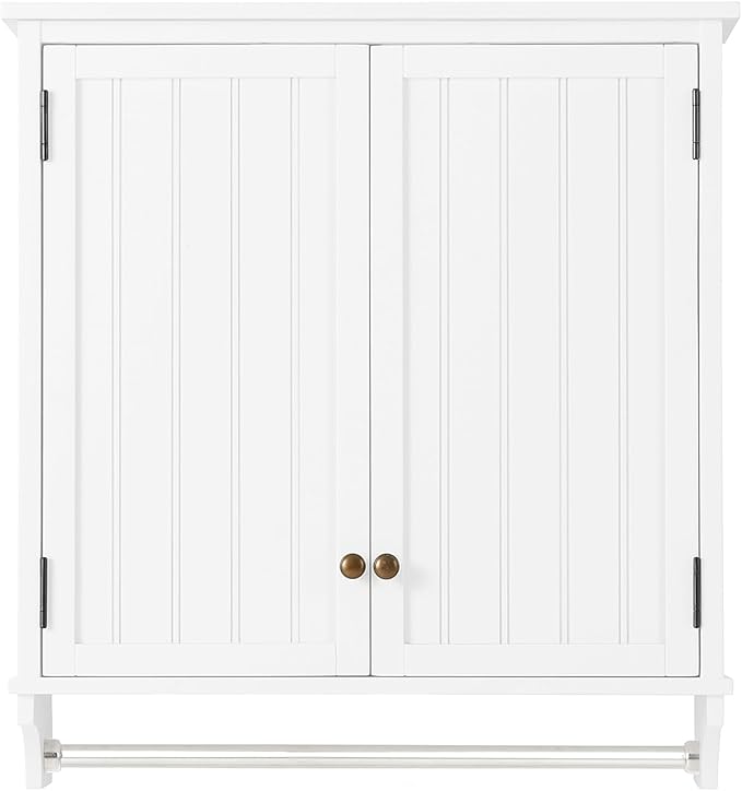 Dover 27” x 29” Wall Mounted Bathroom Storage Cabinet with Shaker Beadboard Doors, Two Adjustable Shelves and a Towel Bar – White Wall Cabinet for Bathroom, Laundry, or Entryway by Alaterre Furniture