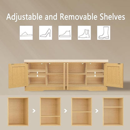 DINZI LVJ Shoe Bench, Entryway Storage Bench with Doors, Cushion, 2-Tier Shoe Rack with 8-Cubby, 47.2”L x 13.8”W Shoe Organizer Cabinet, Adjustable Shelf, Living Room, Bedroom, Natural