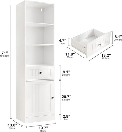 Farmhouse 71" Tall Bookshelf with Drawer, Narrow Bookcase with Adjustable Left/Right Door, Adjustable Shelf, Freestanding Display Book Shelf for Bedroom,Living Room, Office, White