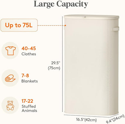 Lifewit Slim Laundry Basket with Lid, Narrow Large Laundry Hamper with Plastic Handles and Removable Bag, Tall Foldable Dirty Clothes Hampers for Laundry Room, Bedroom, Bathroom, Dorm, 75L White