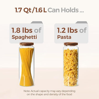 ComSaf 3Pcs (1.7Qt) Airtight Glass Pasta Storage Containers with Acacia Wood Lids, Tall Pantry Storage Container for Organizing Spaghetti and Pasta, Thick Glass Spaghetti Container with Pasta Labels