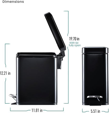 Home Zone Living 1.3 Gallon Small Bathroom Trash Can with Lid and Step Pedal, Stainless Steel Wastebasket with Slim Design for Home and Office, Matte Black, 5 Liters