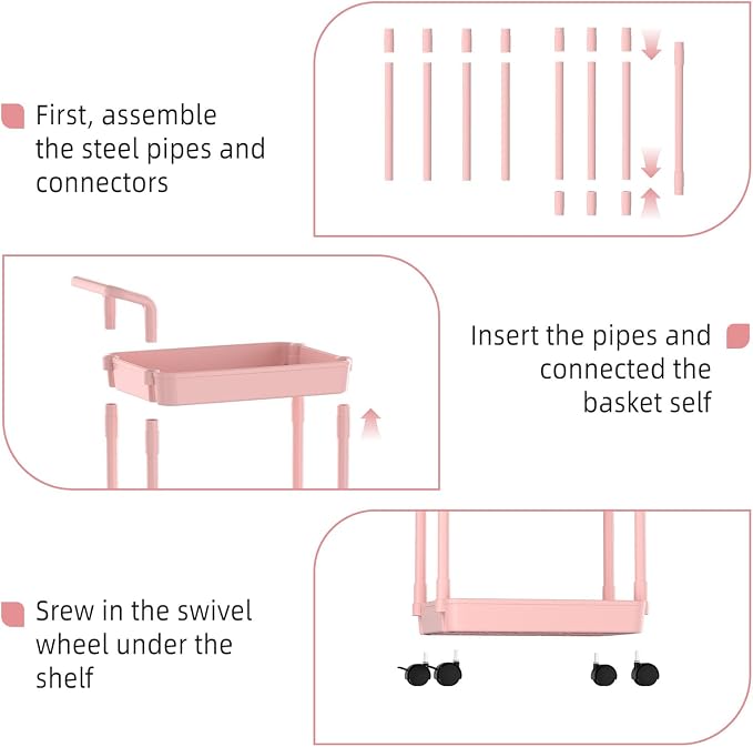 Volnamal Diaper Caddy - Plastic Diaper Organizer for Nursery Essentials, Baby Organizers and Storage, Movable Cart for Changing Table & Crib, Baby Registry Search, Pink