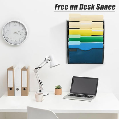 EASEPRES 5 Pocket Mesh Hanging Wall File Organizer, Wall Mounted Mail Paper Document Folder Holder, Clipboard Storage Organization Magazine Rack with Nametag Label for Office Home School, Black