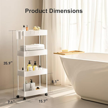 Pipishell Slim Storage Cart with Wheels, 4 Tier Bathroom Storage Organizer Rolling Utility Cart for Bathroom Kitchen Laundry Room Office Narrow Place (White)