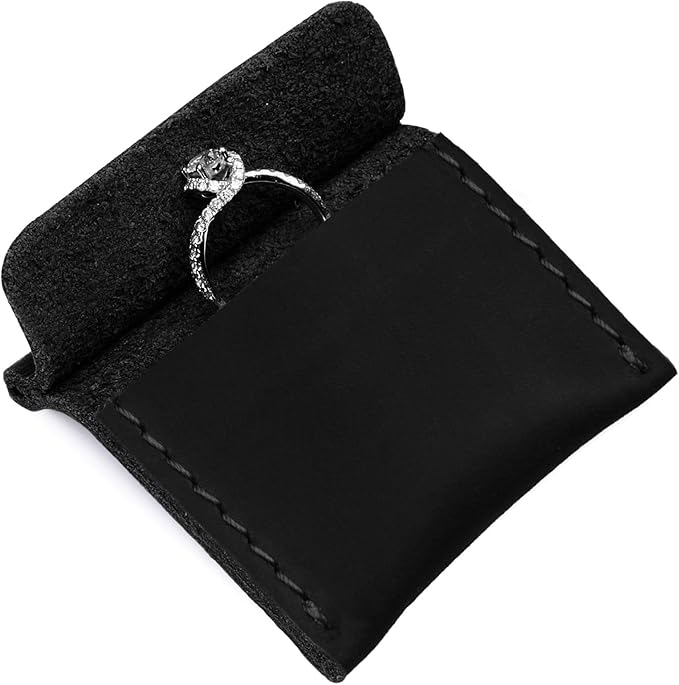 Ringsun Genuine Leather Ring Pouch, Handcrafted Small Ring Box for Men & Women, Portable Jewelry Organizer and Storage Gifts for Women for Marriage Travel Proposal Engagement Wedding, Black