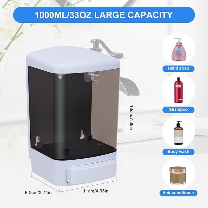 Soap Dispenser Wall Mount, 33.8oz/1000ml Commercial Manual Soap Dispenser Wall Mounted for Bathroom Kitchen Hotel, Liquid Containers Shampoo Plastic