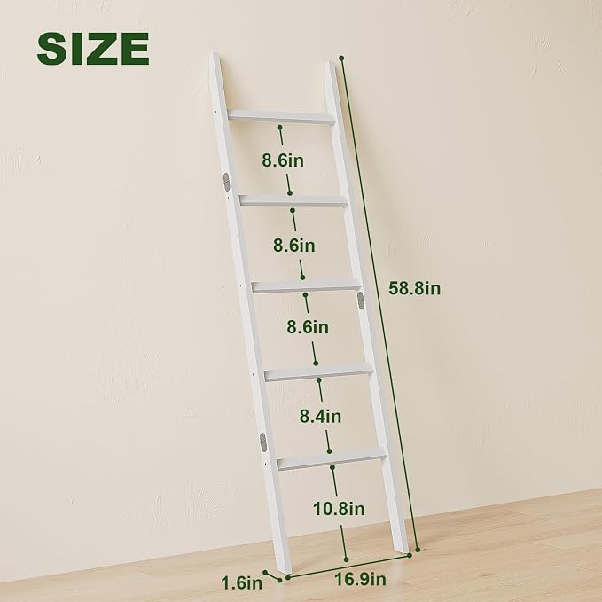 Bamboo Towel Rack 5-Tier Blanket Ladder for Living Room, Bedroom, Bathroom Space-Saving Decorative Ladder for Quilts, Towels and More White