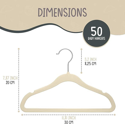 50 Premium Baby Velvet Hangers - 11.8" Non-Slip, Ultra-Slim Space-Saving Children Closet Hangers - 360° Swivel Hook, Strong & Durable Infant & Toddler Clothes Hangers for Wardrobe - Ivory